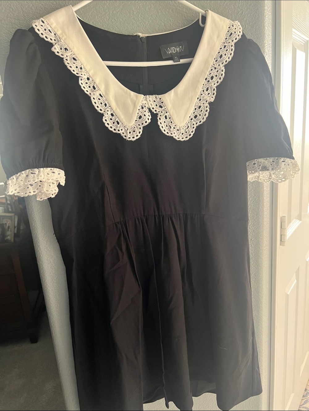 Women's Black Mini Dress with White Lace Peter Pan Collar